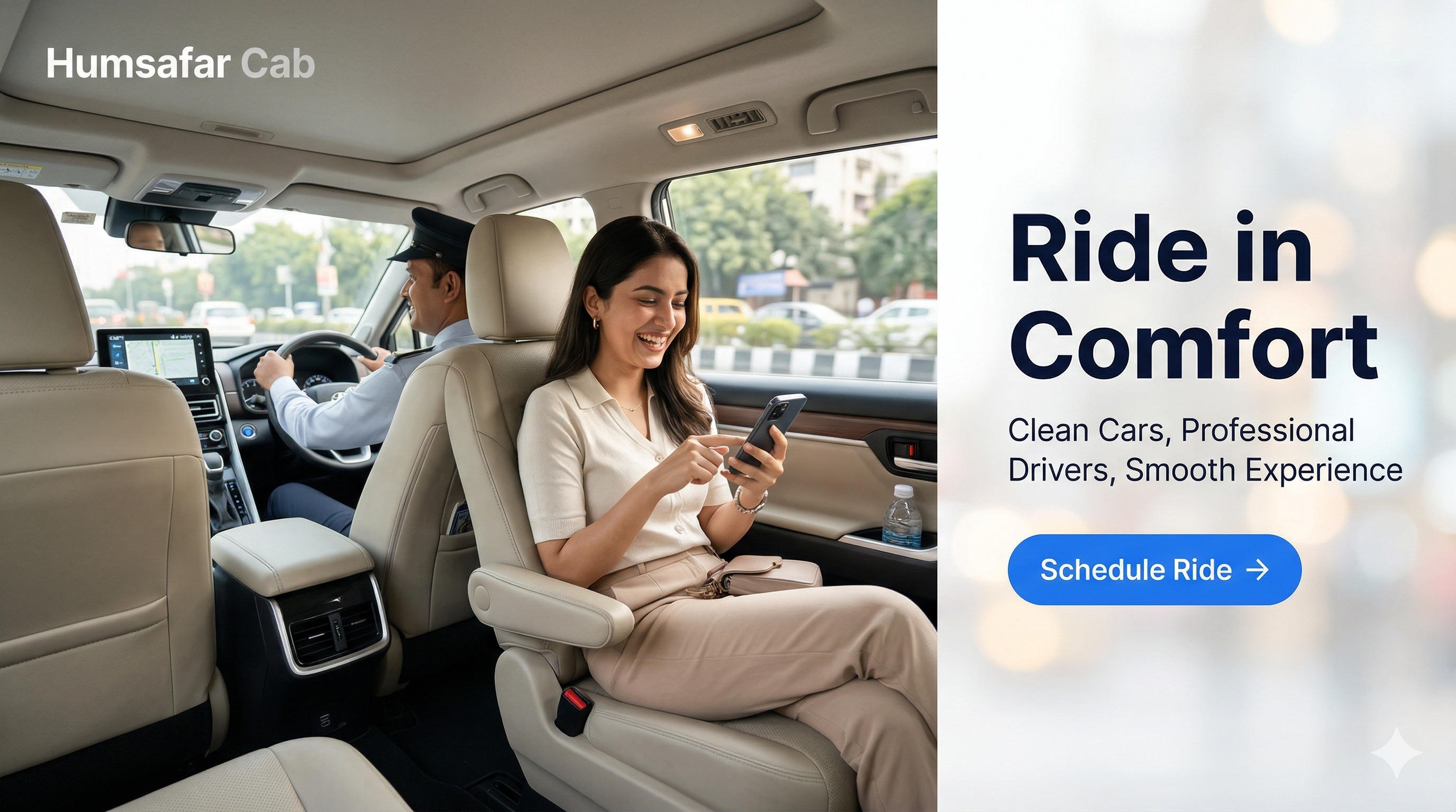 Comfortable Humsafar Cab ride showing clean car interior and premium travel experience